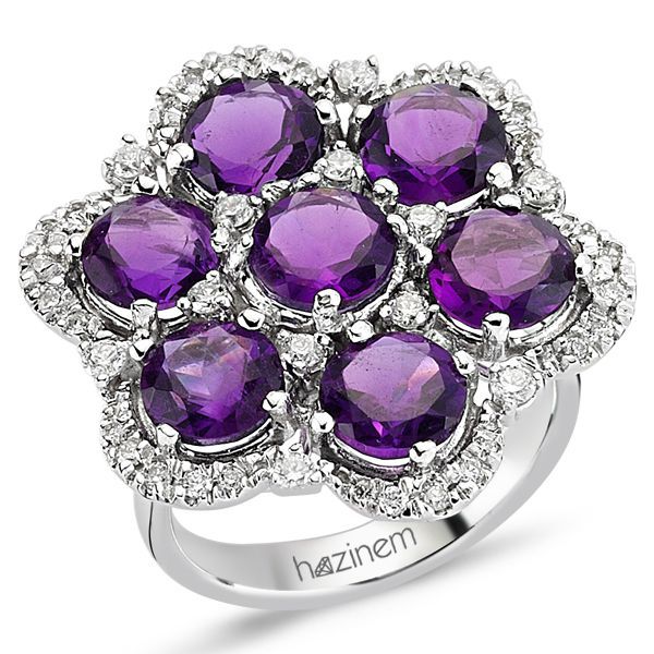 Pırlanta Ametist Çiçek Yüzük